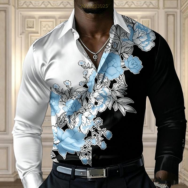 Men's Shirt with Contrasting Floral Print Long Sleeved Shirt, Fashionable Lapel Cardigan Shirt, Business Casual Men's Clothing