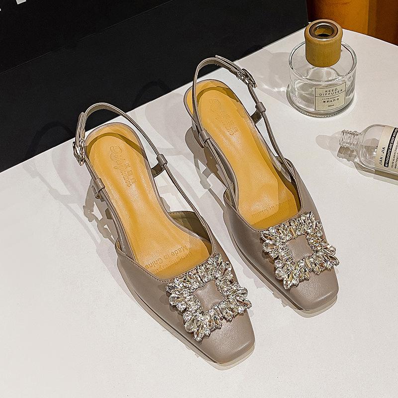 Baotou sandals women's 2025 new summer diamond buckle square head high heels French word with empty thick heel single shoes