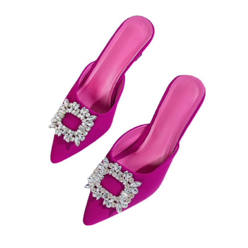 High Heeled Slippers for Women New Style with Pointed, Fine Heel Rhinestone Square Buckle, Half Toe Cool Mop Women's Sandals