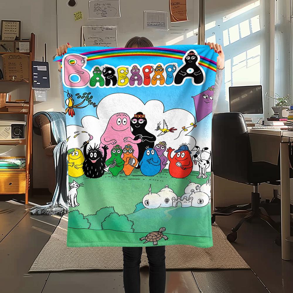 1 szt. Koc flanelowy z nadrukiem rodziny Barbapapy, Wysokiej jakości, Wygodny na wszystkie pory roku, Wystrój domu, Ciepło i komfort, Idealny na prezenty