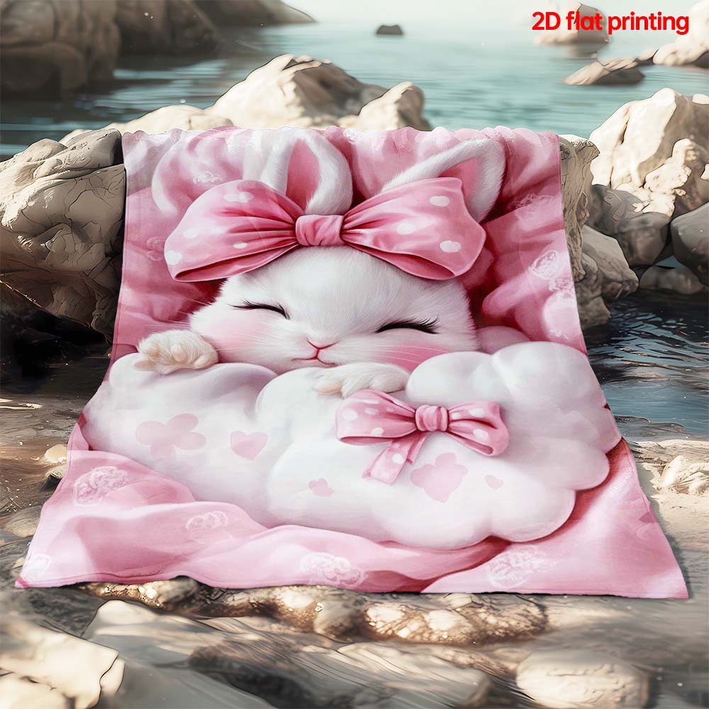 1pc Cute Pink Bow Sleeping Bunny Flannel Throw Blanket Soft Cozy Warm Kawaii Rabbit Blanket for Bedroom Living Room Home Decor