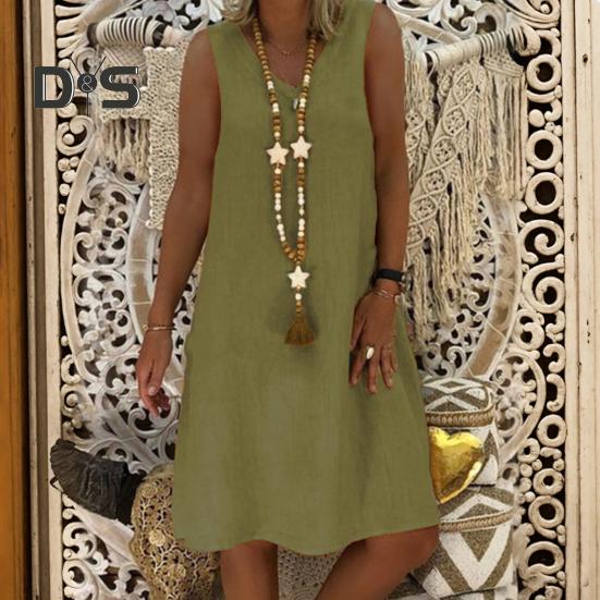 Lady Summer Dress Sleeveless V Neck A-line Solid Color Knee Length Midi Dress Pullover Vest Type Vacation Beach Dress