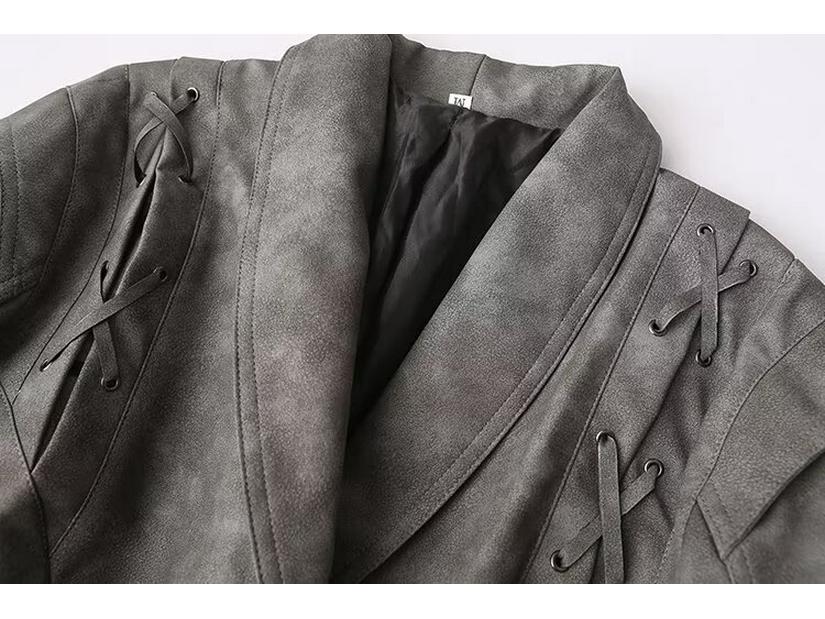 Spring 2025 Women's Retro Shawl Collar Leather Jacket with Belt - European & American Style