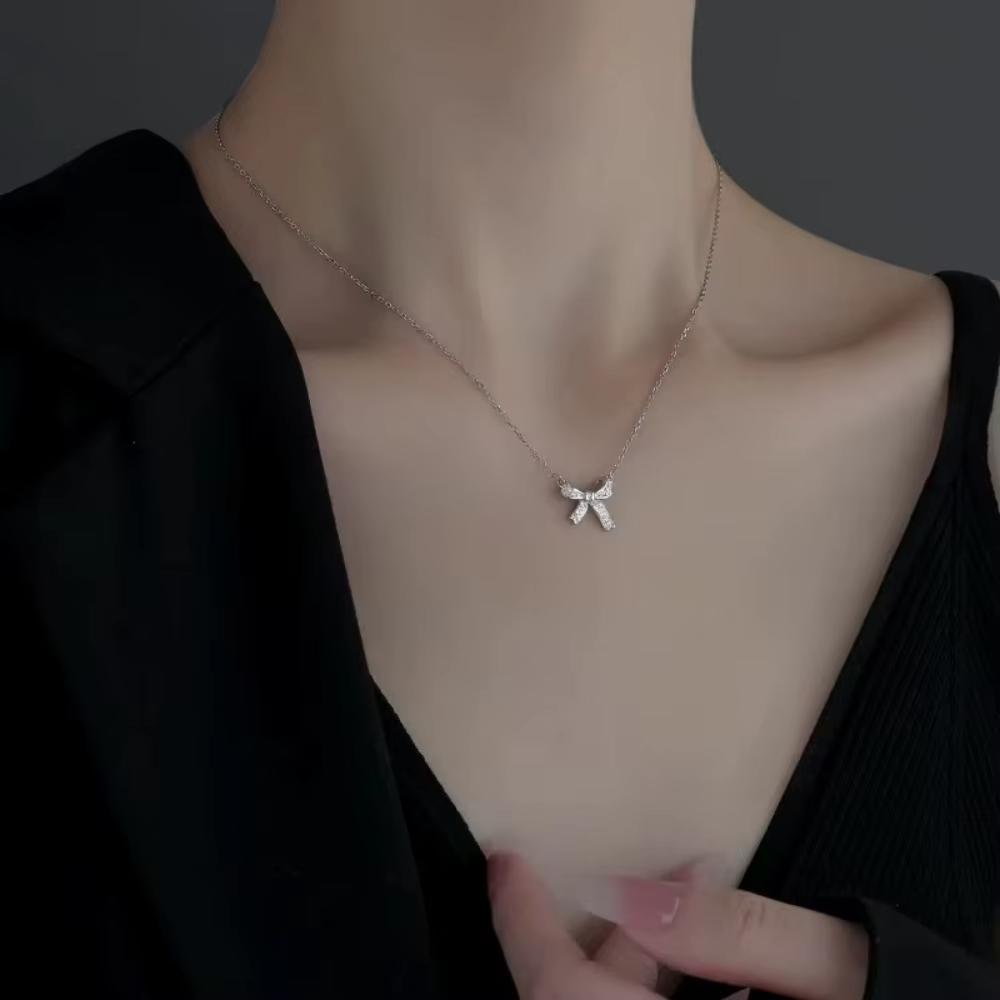 FTCY Exquisite Copper Inlaid Zirconia Bow Pendant Necklace For Women Fashion Simple Stainless Steel Clavicle Chain Jewelry Gift