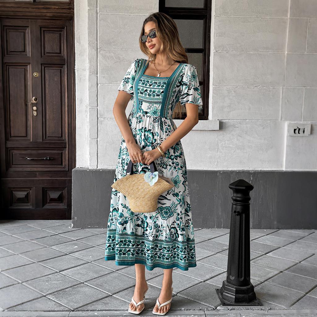 Elegant Vacation-style Printed Short-sleeved Long Dress for Women's Spring and Summer
