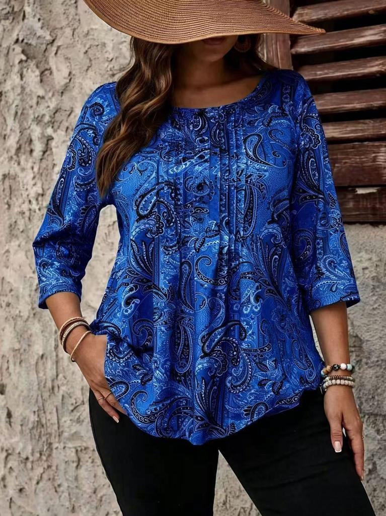 Bawełniany T-shirt z Długim Rękawem i Guzikami w Wzór Paisley dla Kobiet w Rozmiarach Plus