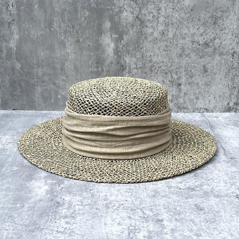 French Retro Salted Seaweed Hollow Woven Large Brim Flat Top Top Hat Men'S And Women'S Summer Outing Shading Straw Hat
