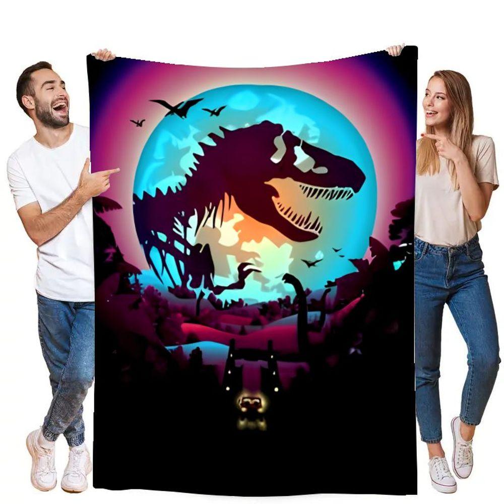 Vibrant Tyrannosaurus Rex Dinosaur and Glowing Blue Moon Blanket - Surreal Retro-Futuristic Soft Throw Blanket for Home Decor, P