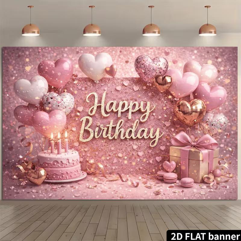 2D Shiny Pink Glitter Happy Birthday Backdrop Banner Party Decoration for Girls