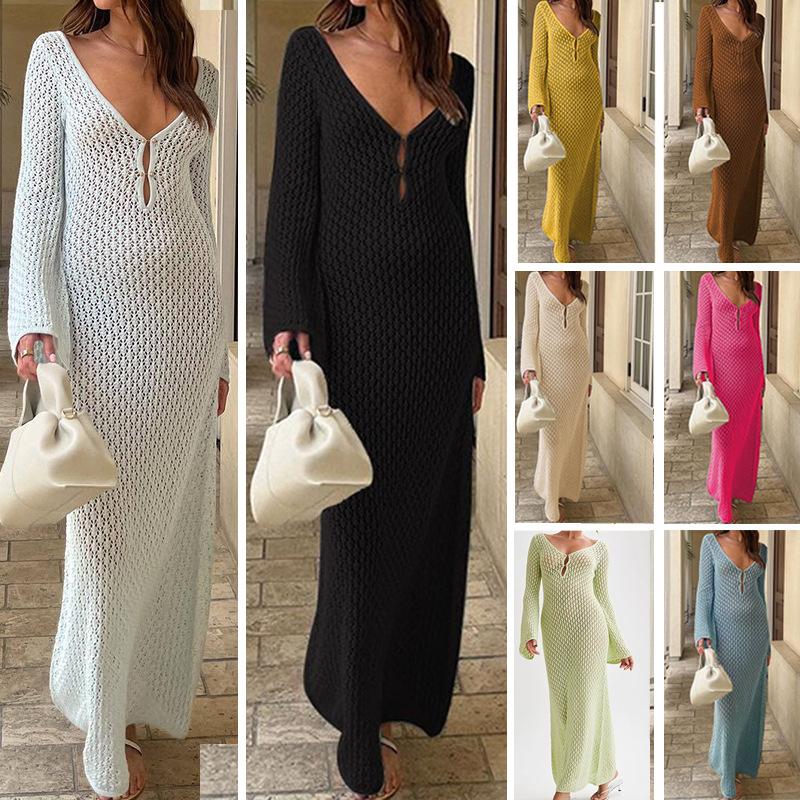 

Сексуальна жіноча біла трикотажна модна жіноча прозора біла сукня з довгим рукавом і глибоким V-подібним вирізом із видаленим пляжним трикотажем без спинки L синій