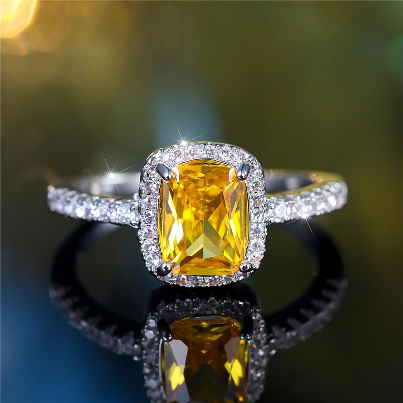 Charm Female Yellow Square Zircon Stone Ring Cute Silver Color Summer Wedding Jewelry For Women