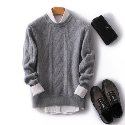Men's Thick Cable Knit Wool Pullover Sweater - Round Neck Casual Loose Fit