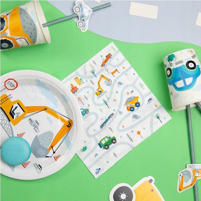 Set of plates, cups, napkins, cars