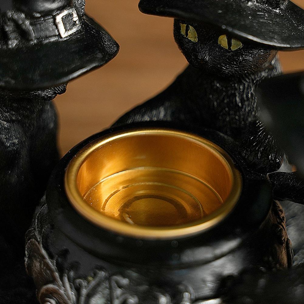 Festive Cat Decor Resin Black Cat Candle Holder with Witch Hat for Indoor Halloween Decor Spooky Tea Light Holder