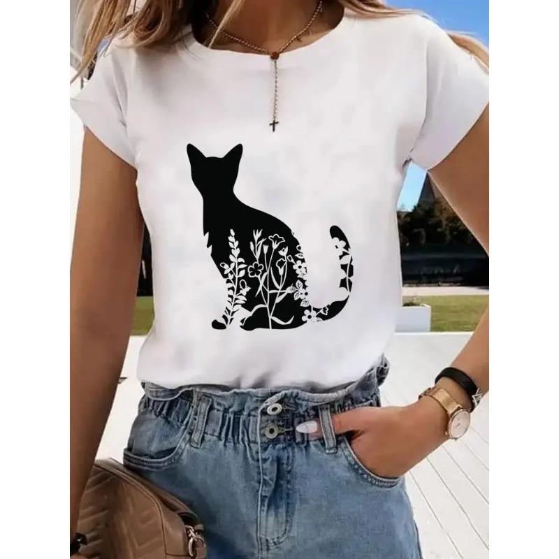 Short Sleeve Print Clothes Women Spring Summer Female Tee Fashion Cat Love Sweet Valentine Shirt Lady Graphic T-shirt