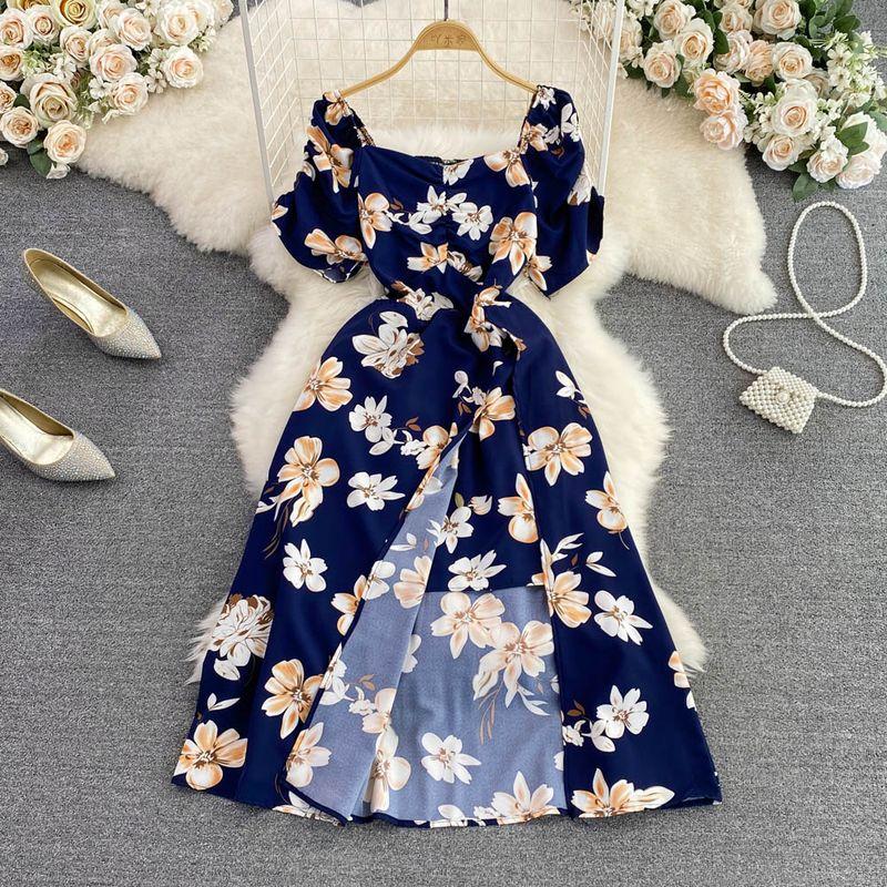 

Summer New Arrival French Style Retro Bubble Dress Short Sleeve Dark blue All yards