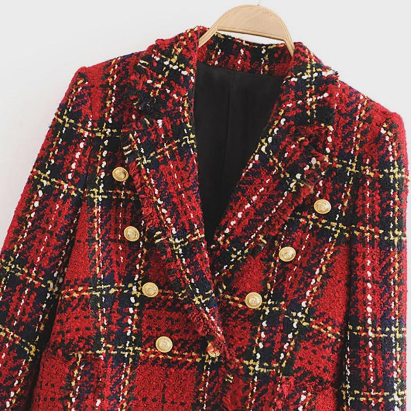 Dámské podzimní sako evropského a amerického střihu, slim fit, bavlněné, kostkované, s dlouhým rukávem