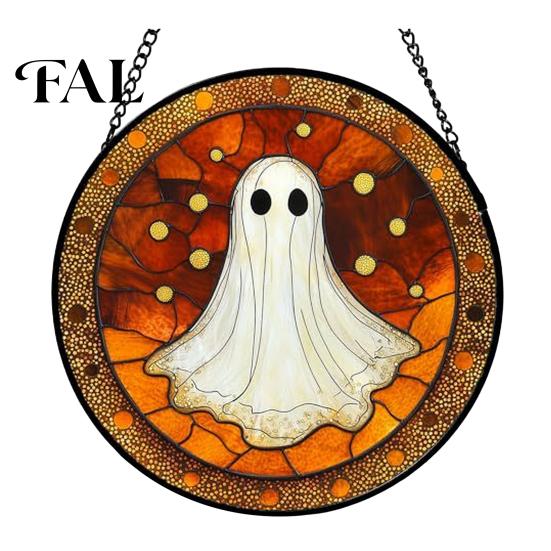 Stained Glass Style Wall Art Halloween Suncatcher Ornament, Vintage Hanging Window Decor with Pumpkin Ghost Bat Witch Festival Atmosphere Gifts