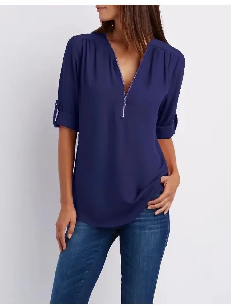 2026 Dames Cool Los Shirt Diepe V-hals Chiffon Mode Blouse Casual Dames Tops Sexy Rits Pullover Grote Maten