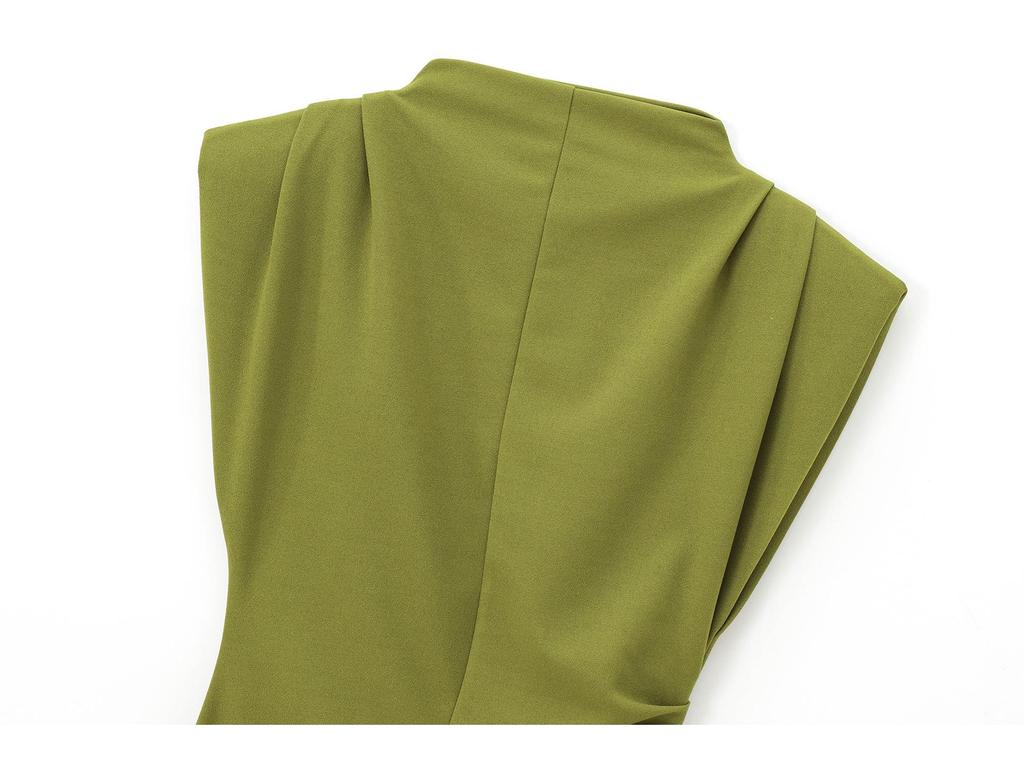 Europejski i Amerykański Styl Jesień/Zima Damska Sukienka Mini Bodycon Bez Rękawów z Falbanami, Wysokim Dekoltem, Wyszczuplająca w Talii i z Poduszkami na Ramionach