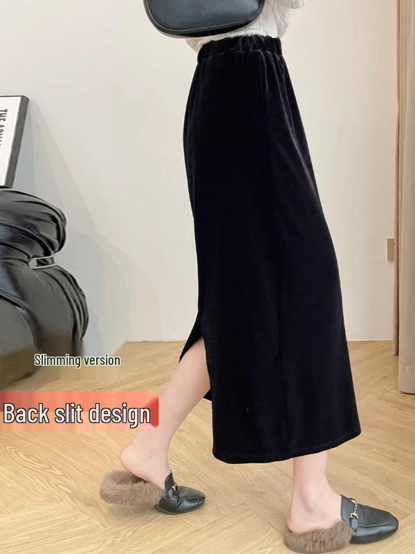 Black Gold Velvet High Waist Slimming Skirt for Women - 2026 Spring/Autumn, Plus Size, Mid-Length