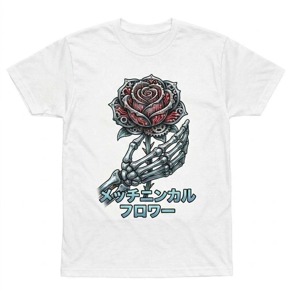Cyberpunk Mechanical Rose T-Shirt Skeleton Hand Gothic Techwear Tee Japanese Art S