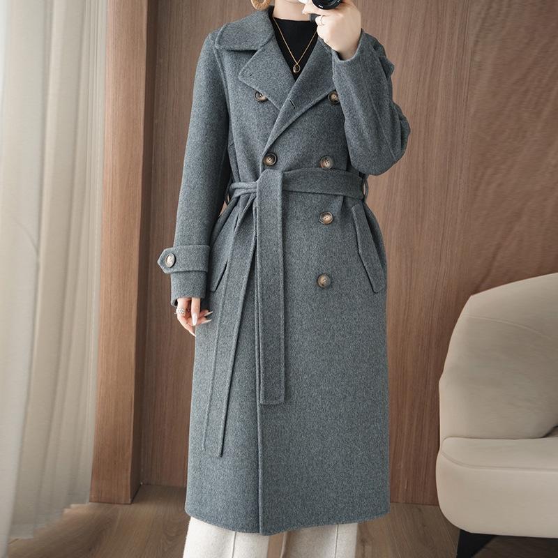 2025 A/W Women's Slimming Double-Faced Cashmere Coat - Korean Style Double-Breasted Wool Overcoat with Suit Collar