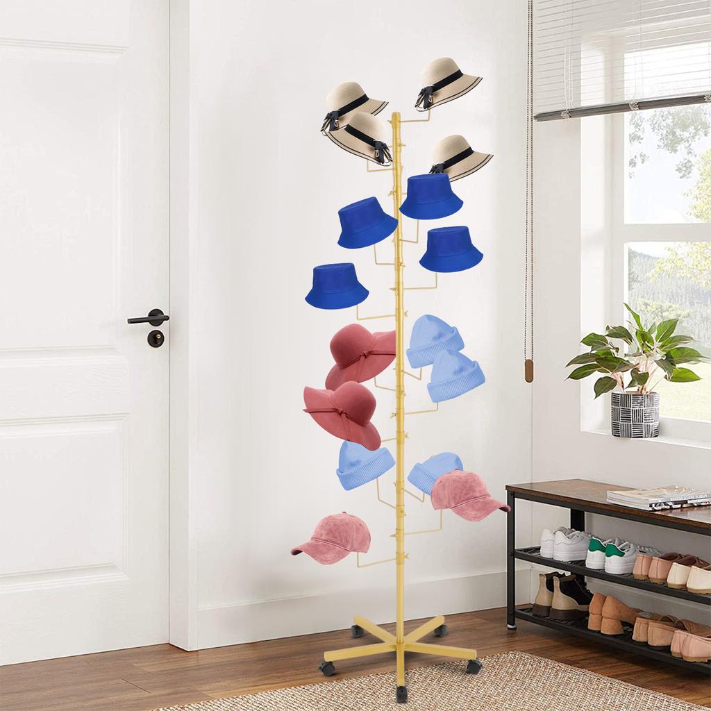 Gold 16-Hook Free Standing Hat Rack, 30lbs Capacity Display Stand for Closet, Modern Entryway & Boutique, Space-Saving Organizer