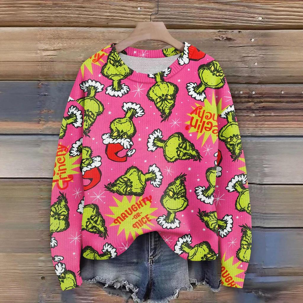 Long Sleeve Pullover Sweaters For Women O Neck Casual Cute Printing Knit Oversized Sweater