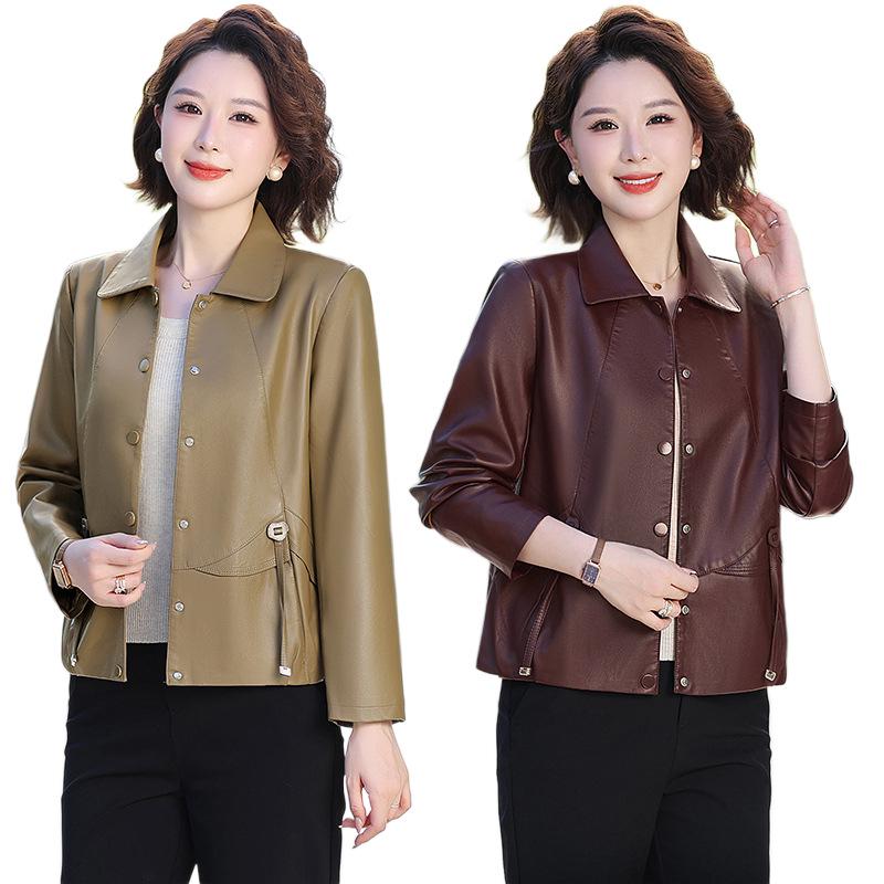 Stilvolle Faltenreduzierende Damen-Lederjacke mit kurzem Revers für Frühling und Herbst