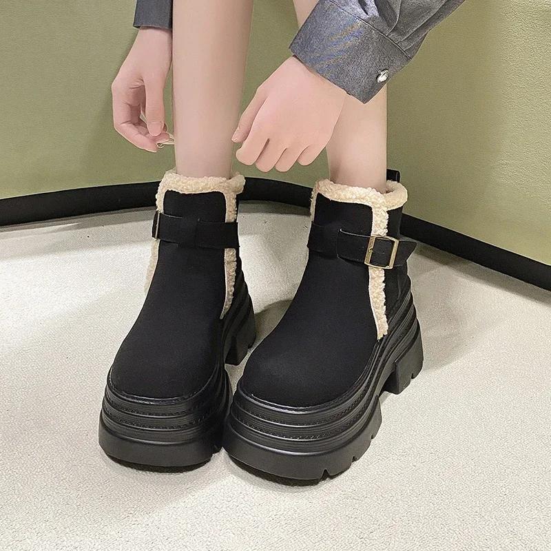 Fashion 10CM New Winter Women's Warm Snow Boots Outdoor Plush Ankle Shoes Anti-skid Chunky Leather Sneakers Buckle Short Fur Boots Woman
