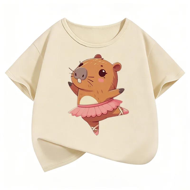 Kawaii Dacing Capybara Design T Shirts Manga Kids Children's T-shirt Short Sleeve Boys Girls Summer Spring Casual Top Tee Shirt