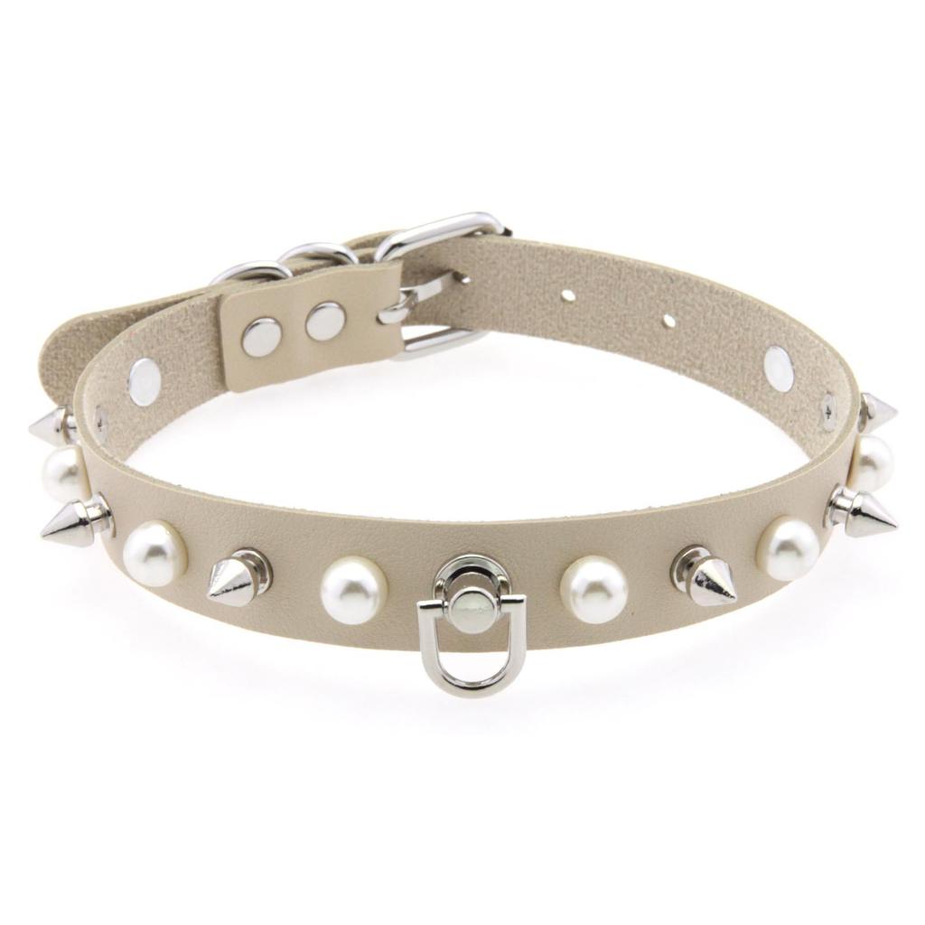 Alloy Spike D-ring Choker, Faux Pearl Rivet D Buckle Leather Clavicle Necklace