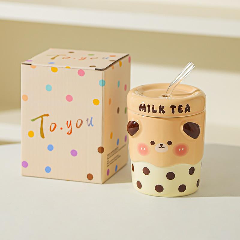 Cute Mug Couple Straw Cup with Lid Cup Gift Box Ceramic Cup Souvenir Birthday Gift Girl Practical