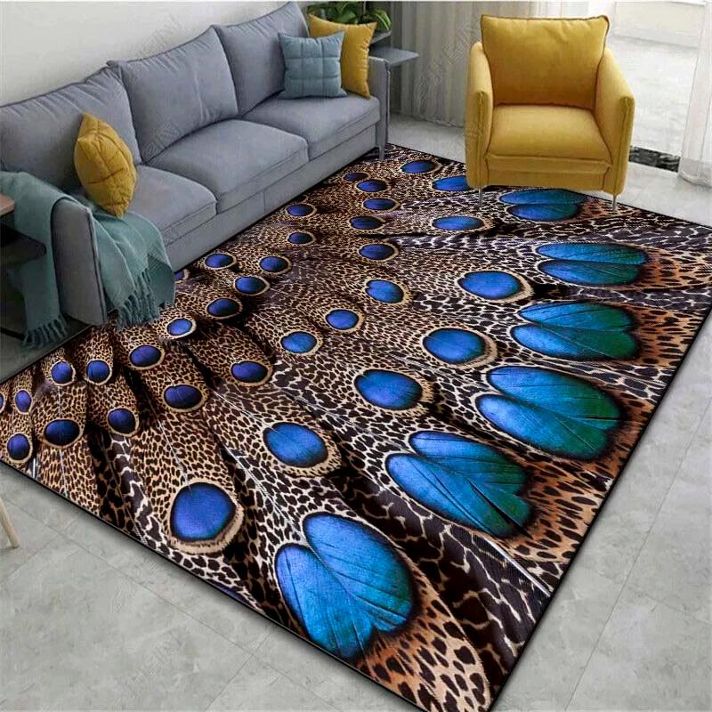 Peacock Feather Pattern Area Rug Colorful Animal Bird Fur Non-slip Carpet, Living Room Bedroom Polyester Mat Home Decor Doormat