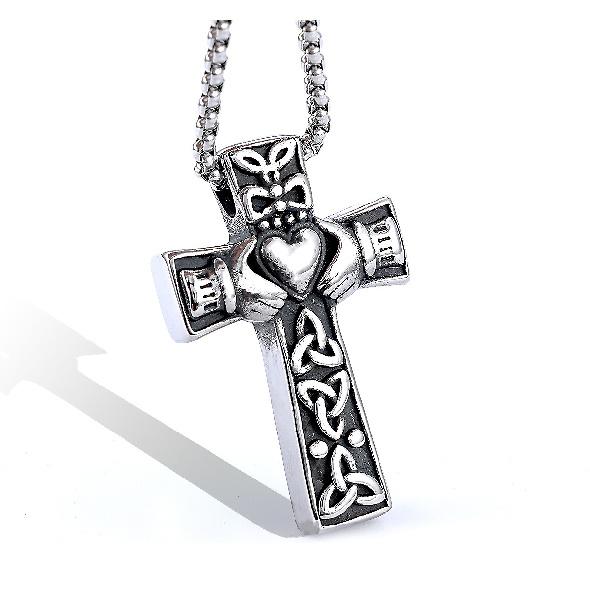 Cool Stainless Steel Irish Celtic Trinity Knot Claddagh Cross Pendant Necklace