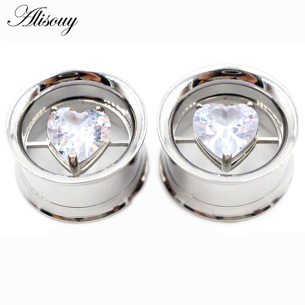 Alisouy 2PCS Stainless Steel Round Heart Zircon Ear Flesh Tunnels Plugs Expander Stretcher Double Flared Gauges Piercing Jewelry