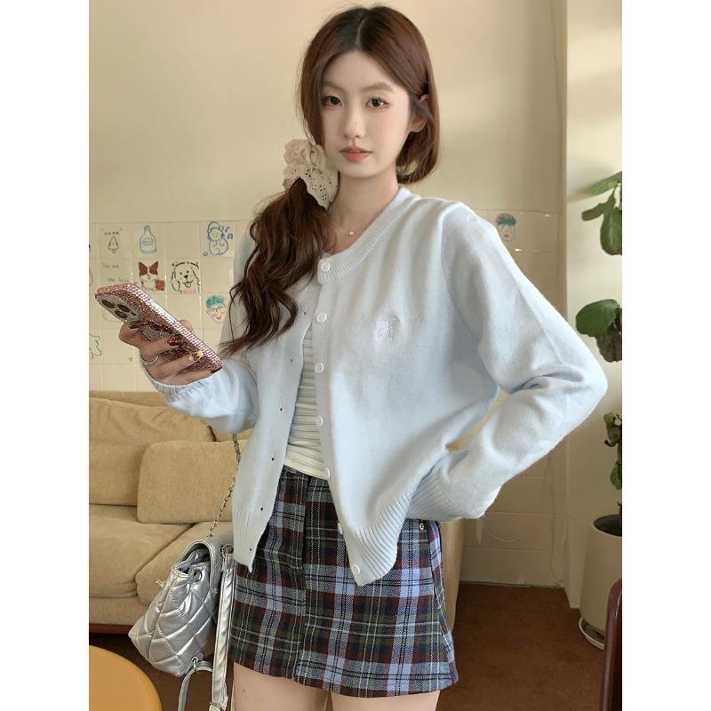 Baby blue age-reducing embroidered knitted cardigan single-breasted sweater jacket women's autumn soft waxy design top