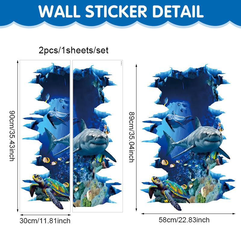 Onderwaterwereld 3D Haai Gebroken Muur Muursticker Zee Dieren Zelfklevende Pvc Sticker Badkamer Vloer Muur Decoratie