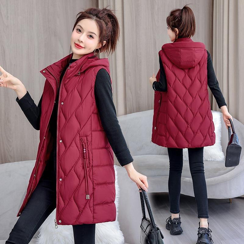 Cotton Vest Women's Medium and Long Live Hat Medium and Long Solid Color Cotton Vest Rhombus Temperament Thin Loose Vest