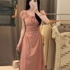 Pink Bubble Sleeve Dress Women's New Summer Sweet Waist and Thin Temperament Lace-up French Long Dress