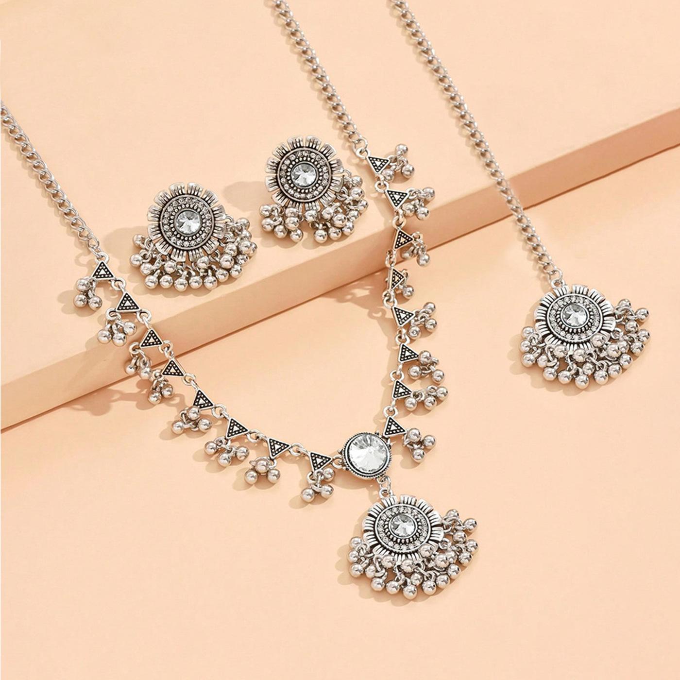 

Vintage Boho Tassel Necklace and Earring Set , Trendy Ethnic Style Jewelry for Women , Silver and Blue Available серебряный