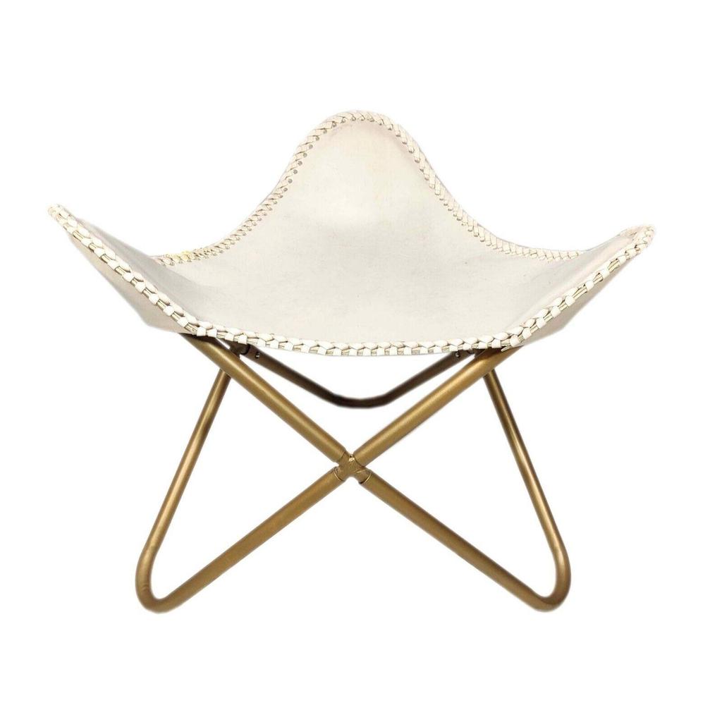 Handgefertigter Butterfly-Sessel aus Leder mit Ottomane – weißer Loungesessel/Hocker