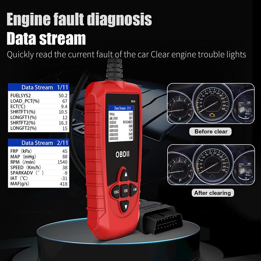 V314 OBD2 Scanner Car Diagnostic Tool Engine Fault Date Stream Car Code Reader Clear Code System Auto Check