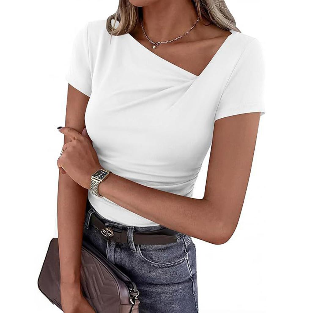 Women's Short-sleeved Asymmetric Collar Pleated Decorative Fitted Blouse Casual T-shirt Top