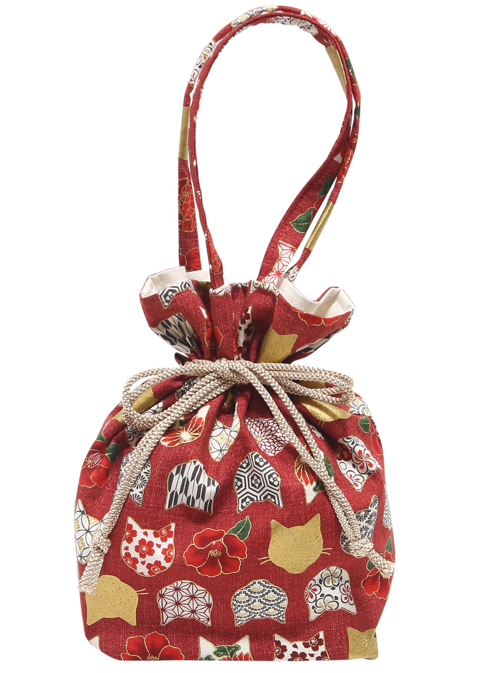 

[Hasegawa] Cat Pattern Drawstring Bag with Handle, Made in Japan (Cat SilhouetteRed)