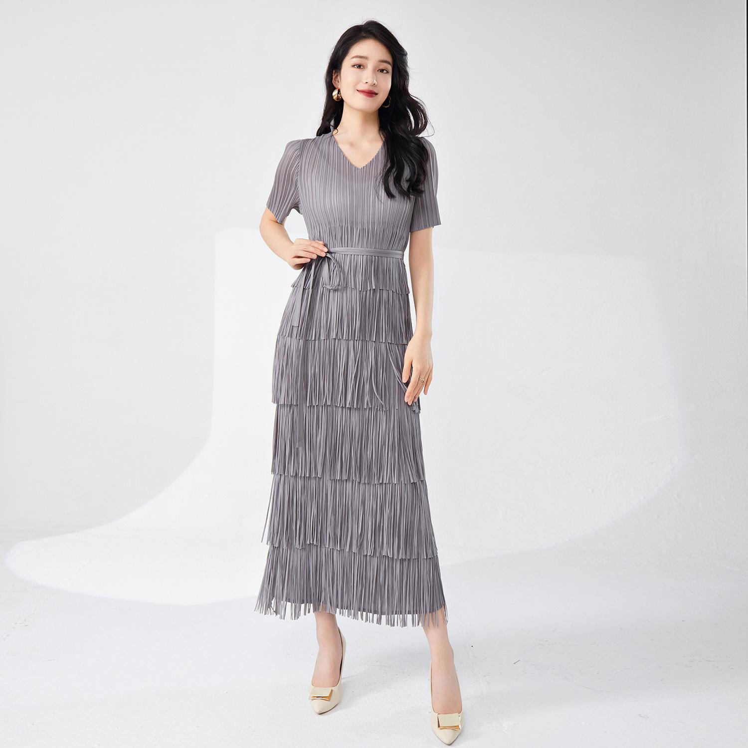 

Elegant French V-neck Pleated Tassel Dress - Short Sleeve & Tie Waist One Size серый