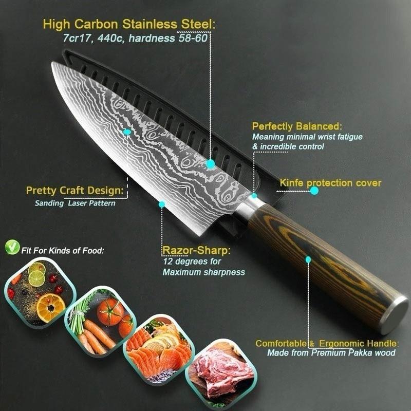 Cleaver Knife 8 Inch Kitchen Knife 7CR17 Stainless Steel Sanding Laser Pattern Kitchen Stuff