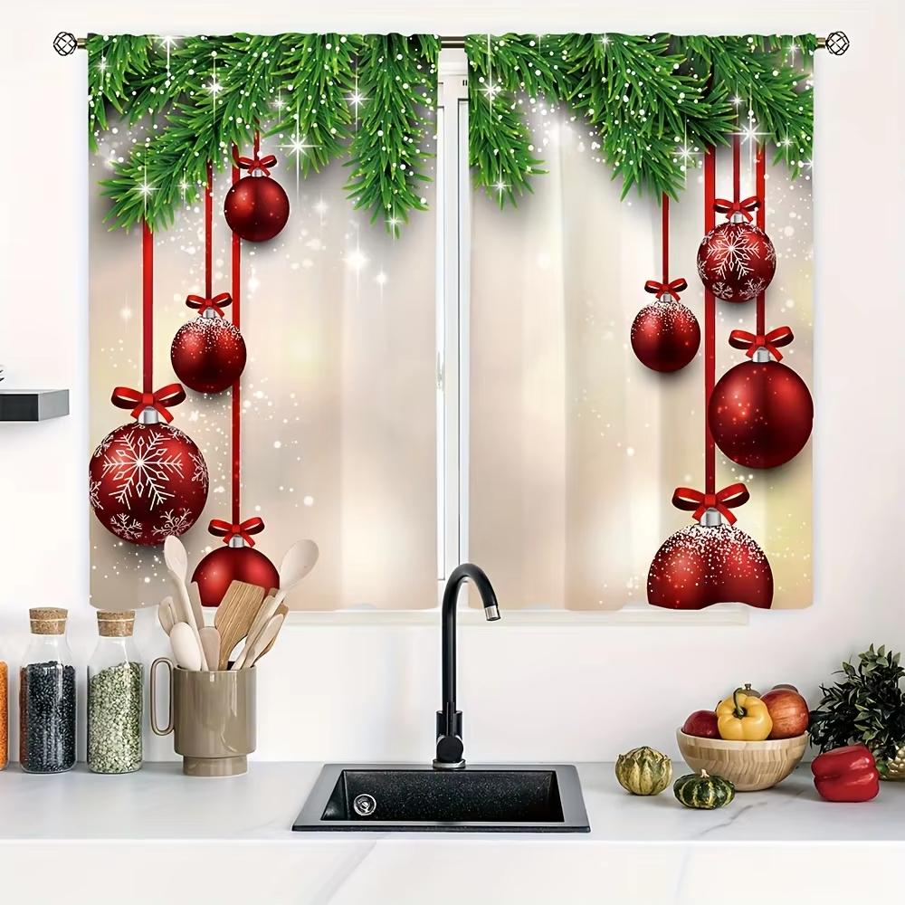 2pcs Green Pine Branch Golden Christmas Ball Pattern Curtains,Kitchen Curtain for Bedroom Living Room Home Holiday Decoration