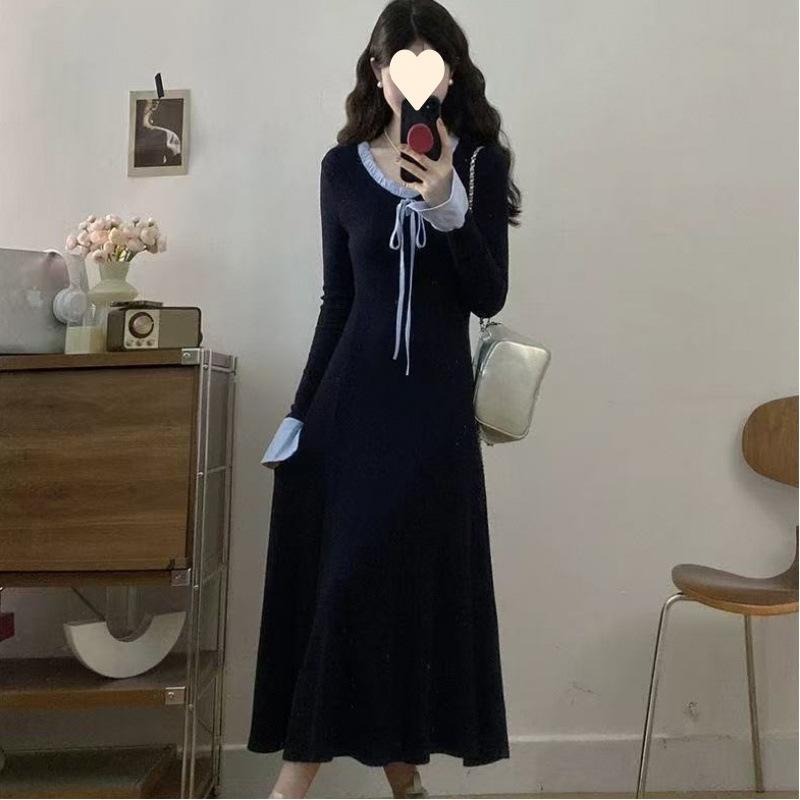 Large size bow lace-up dress for women's autumn and winter design sense splicing fungus edge long skirt